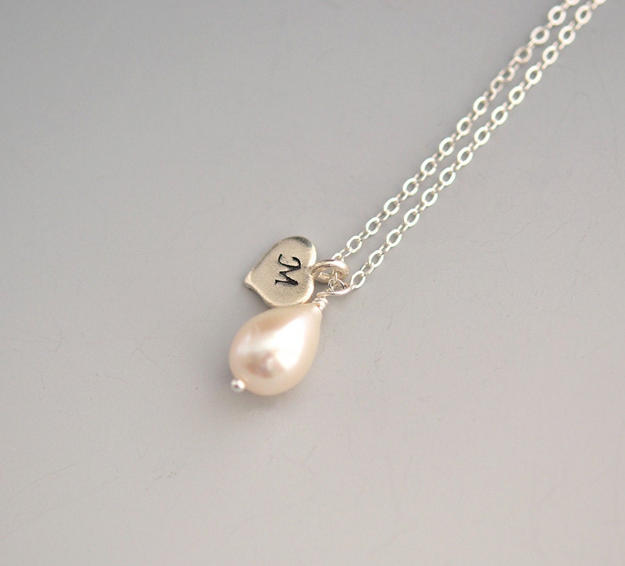 Wedding Jewelry - Silver Pearl Necklace with a Heart - Bridesmaid Gift - Sterling Silver heart Necklace - Personalized Jewelry