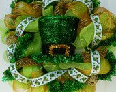 Leprechaun Top Hat St Patricks Day Green Gold Deco Mesh Wreath