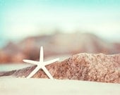 11x14 Starfish Print - beach photography - aqua blue white beige brown - coastal wall art decor - star fish photograph light, "Lucky Star"