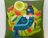 Ellen Giggenbach Blue bird on green, pillow