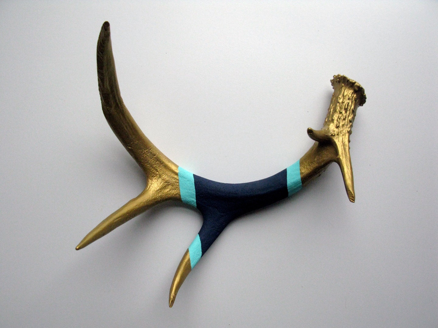 Gold, Aqua & Navy Striped Painted Antler - Medium