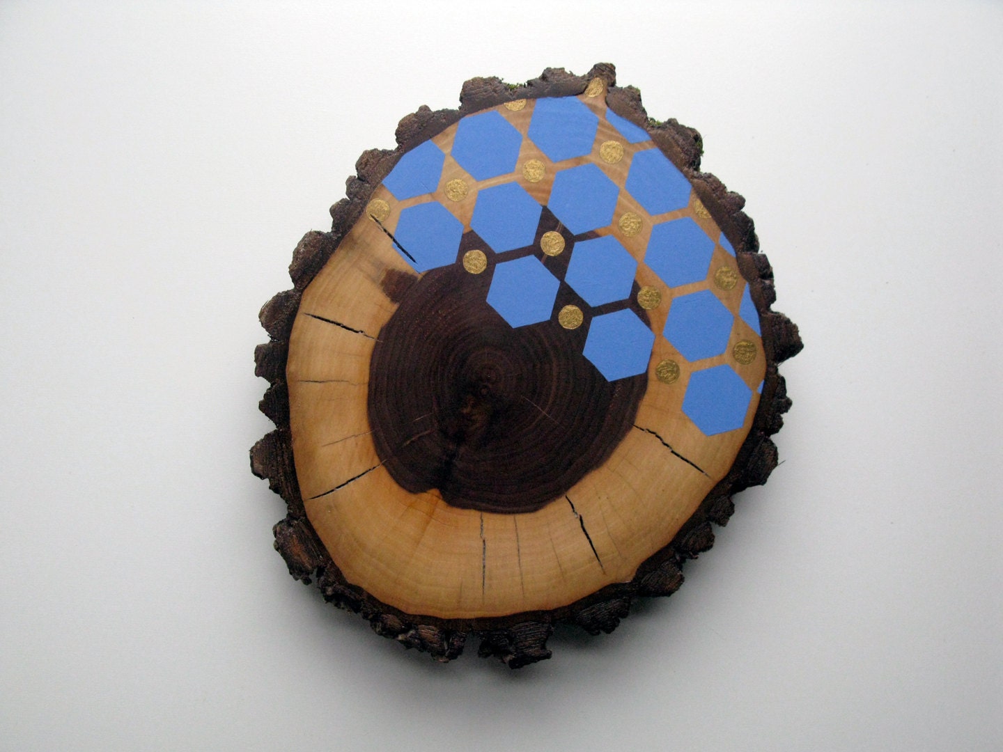 Hand-Painted Blue & Gold Pattern Wood Slice