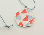 POLIEDRA sterling silver and polymer clay pendant in tangerine, baby blue and white
