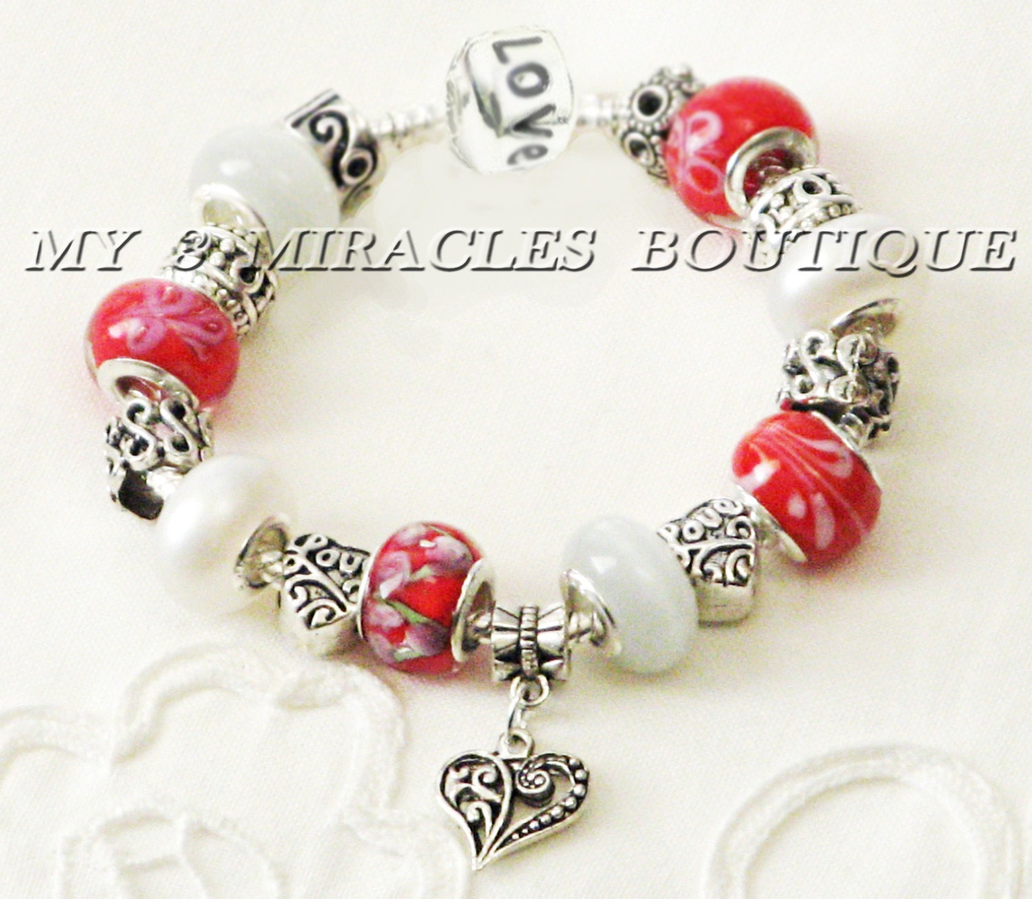 Red Hearts Silver Snake Chain Charm Bracelet European Style White Glass Beads Love Ladies Wife Fiance Girlfriend Mother's  Day Gift