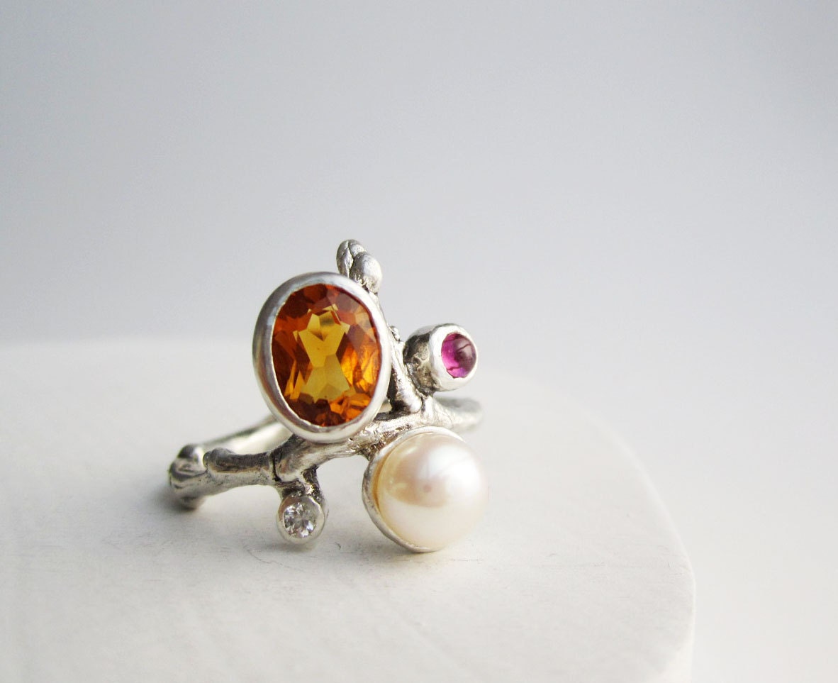 Citrine Oval, Rhodolite Garnet, White Sapphire, White Pearl, Silver Twig Ring