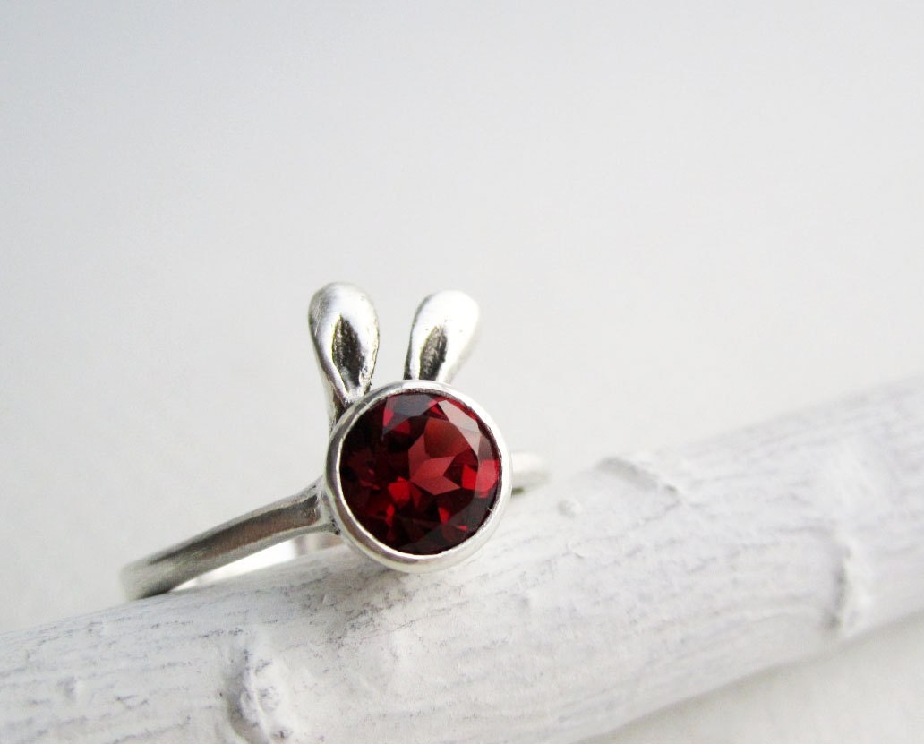 Red Bunny Ring, Garnet Sterling Silver Ring