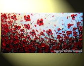 Original Art Abstract Painting Red Poppy Flowers Landscape Palette Knife Textured Summer Poppies Floral Spring Wall Decor 24x48" -Christine