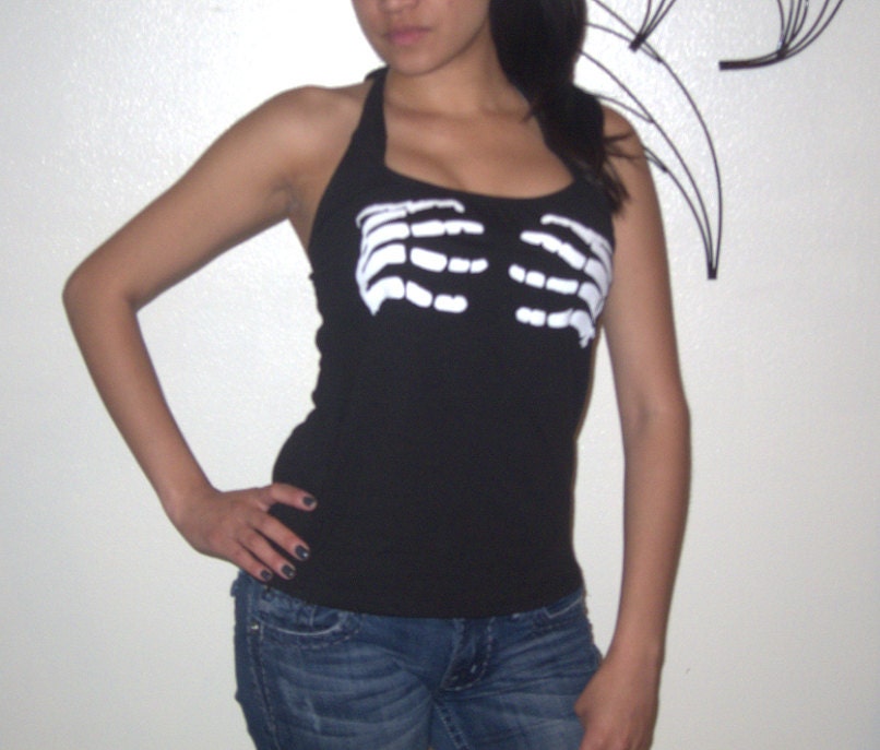 Womens SKELETON Hands On Breast Sexy Handmade Diy Custom Halter Top T shirt - S M L XL