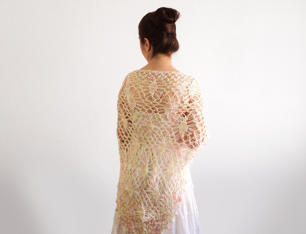 BIG SALE - Ivory Crochet Shawl - Pink Ivory White Triangle Wrap,Ivory Bridal Wrap, ready to ship