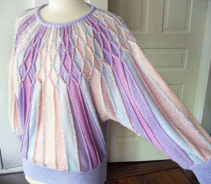 Pastel Rainbow Batwing Sweater with Ribbons and Pearls