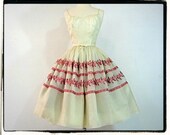 1950s Ivory and Pink Embroidered Organza Gown