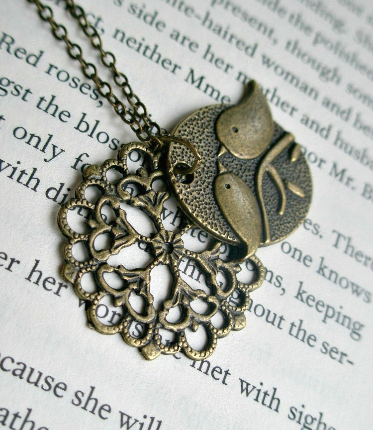 SALE Bird necklace- Filigree necklace- Two birds on a branch- Kissing birds- Antique brass necklace- Nature- Bird- Flower- Leaf