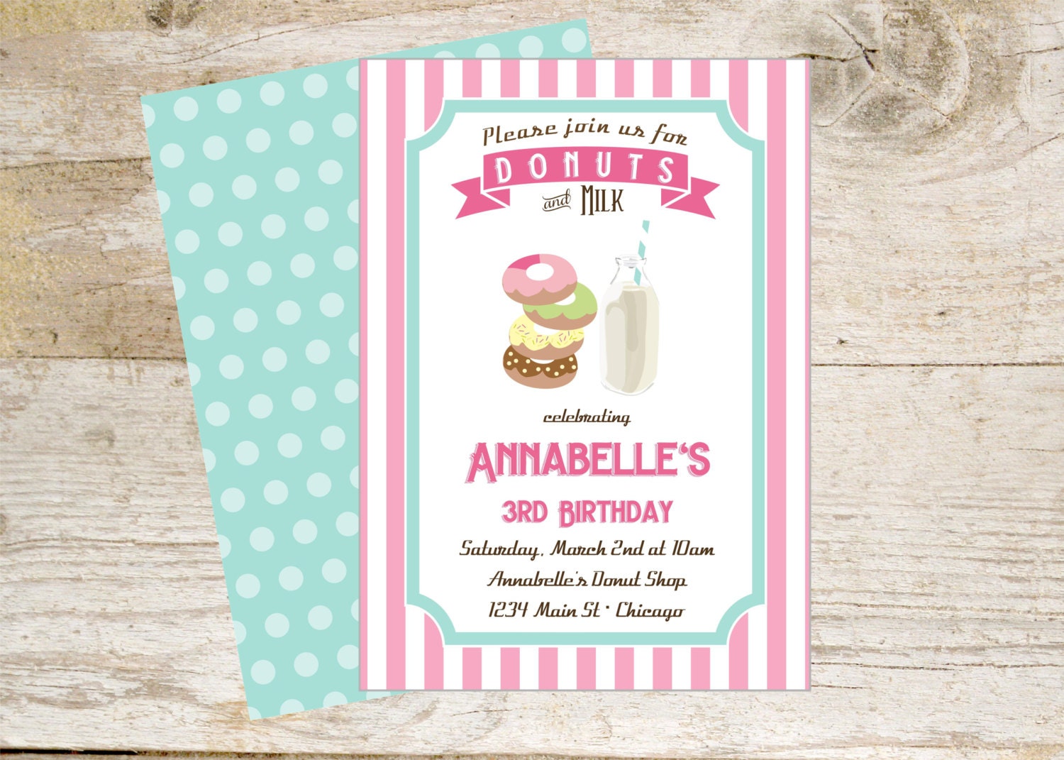 DIY Printable Donuts and Milk Invitation with back design pink and aqua retro donut shop Il_170x135