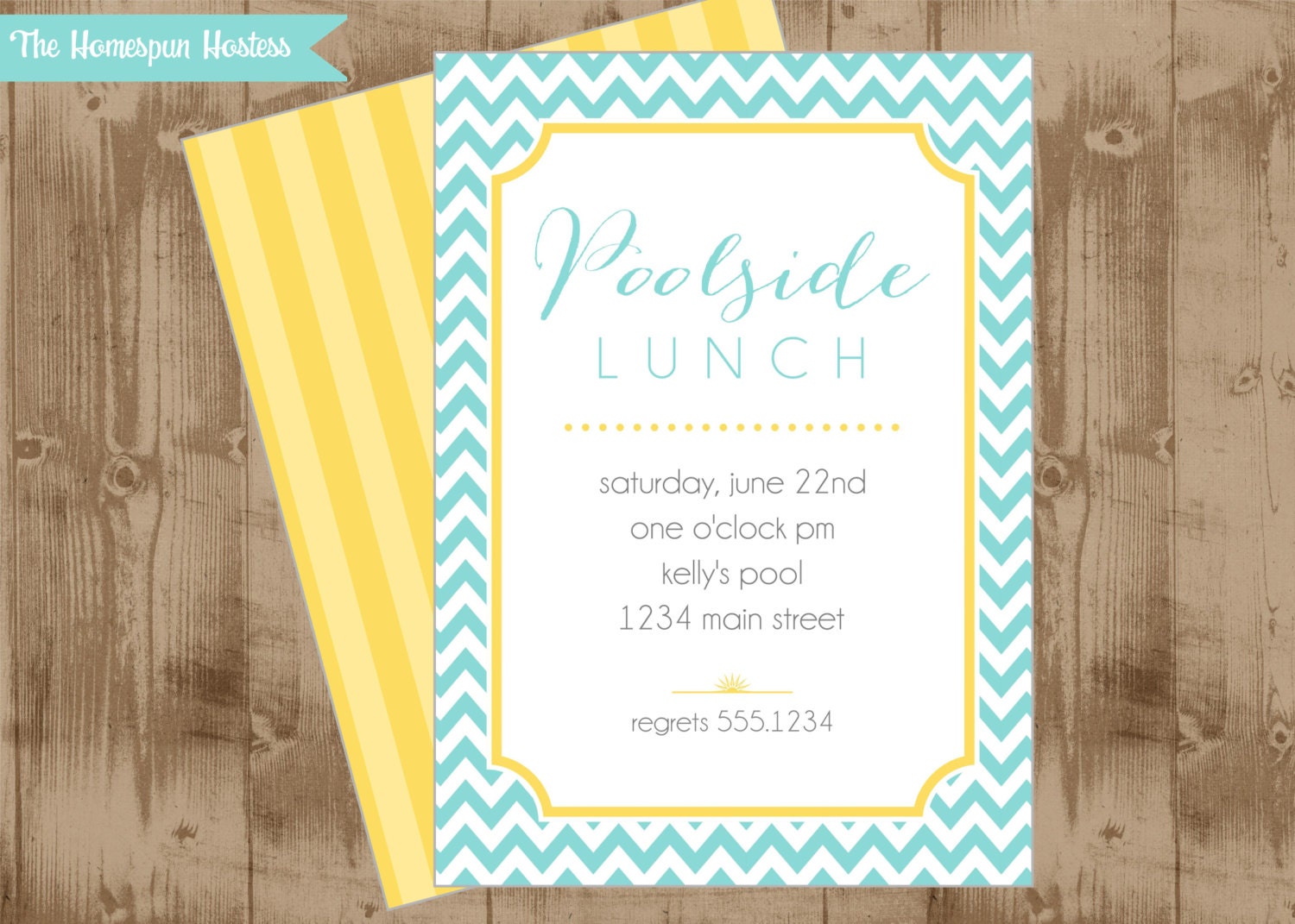 DIY Printable Modern Pool Party Invitation with patterned back design - aqua chevron yellow poolside lunch Il_170x135