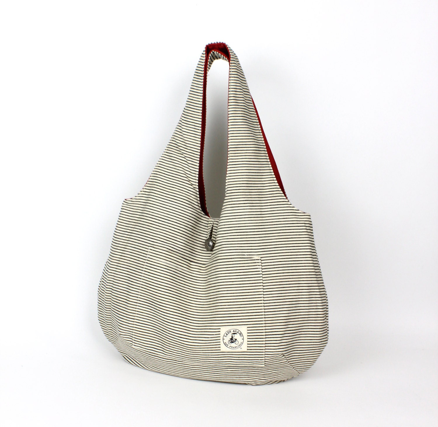 Cotton Canvas Reversible Hobo Bag - Olive Green & Black Railroad Stripes