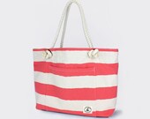 Sailor's Rope Reversible Beach Tote In Coral & Yellow Stripes