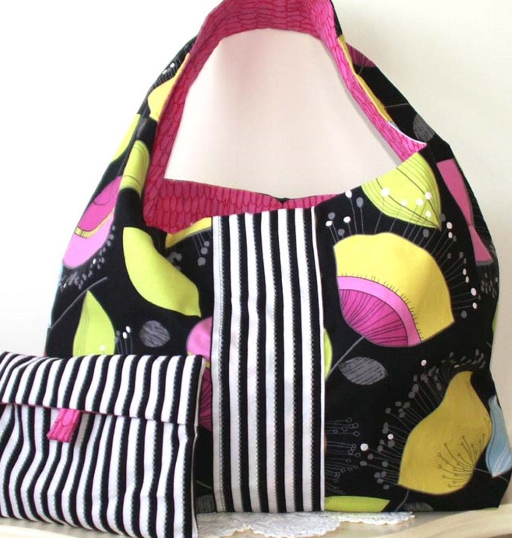 Large Handmade Market Bag Folds into Storage Pouch - Black with Large Modern Floral - Reversable