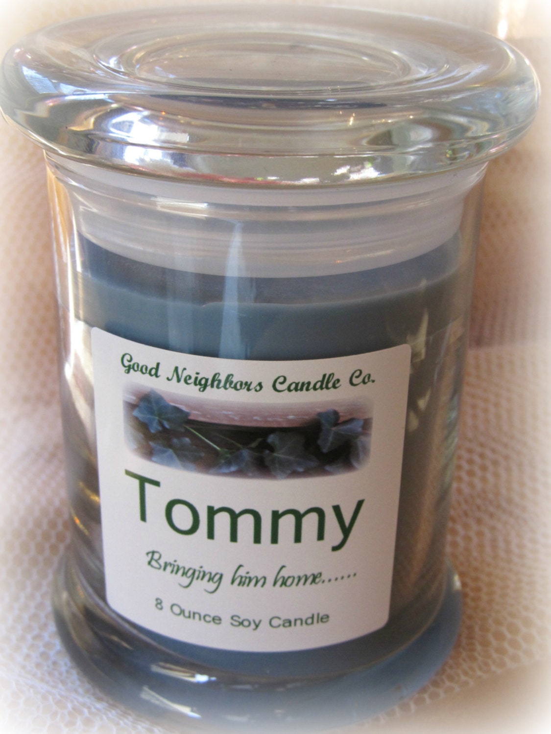 Soy Candle, Adoption Fund raiser, Tommy, Hemp Wick, You Choose Fragrance, Fitted Lid