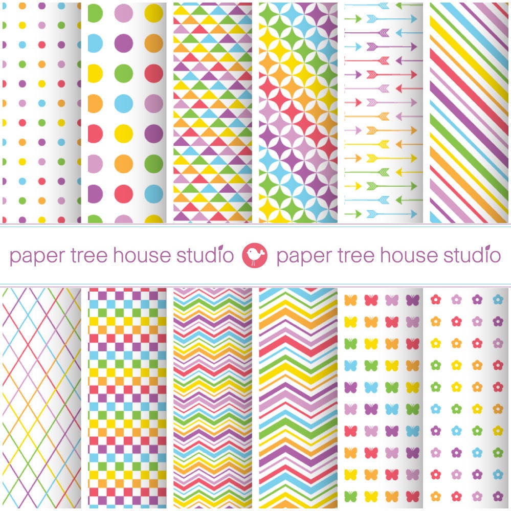 Digital Papers - Rainbow - Arrows, Butterflies, Chevron, Polka Dots - Twelve 8.5 x 11 or 12 x 12 inch Print Ready Files - ID1099