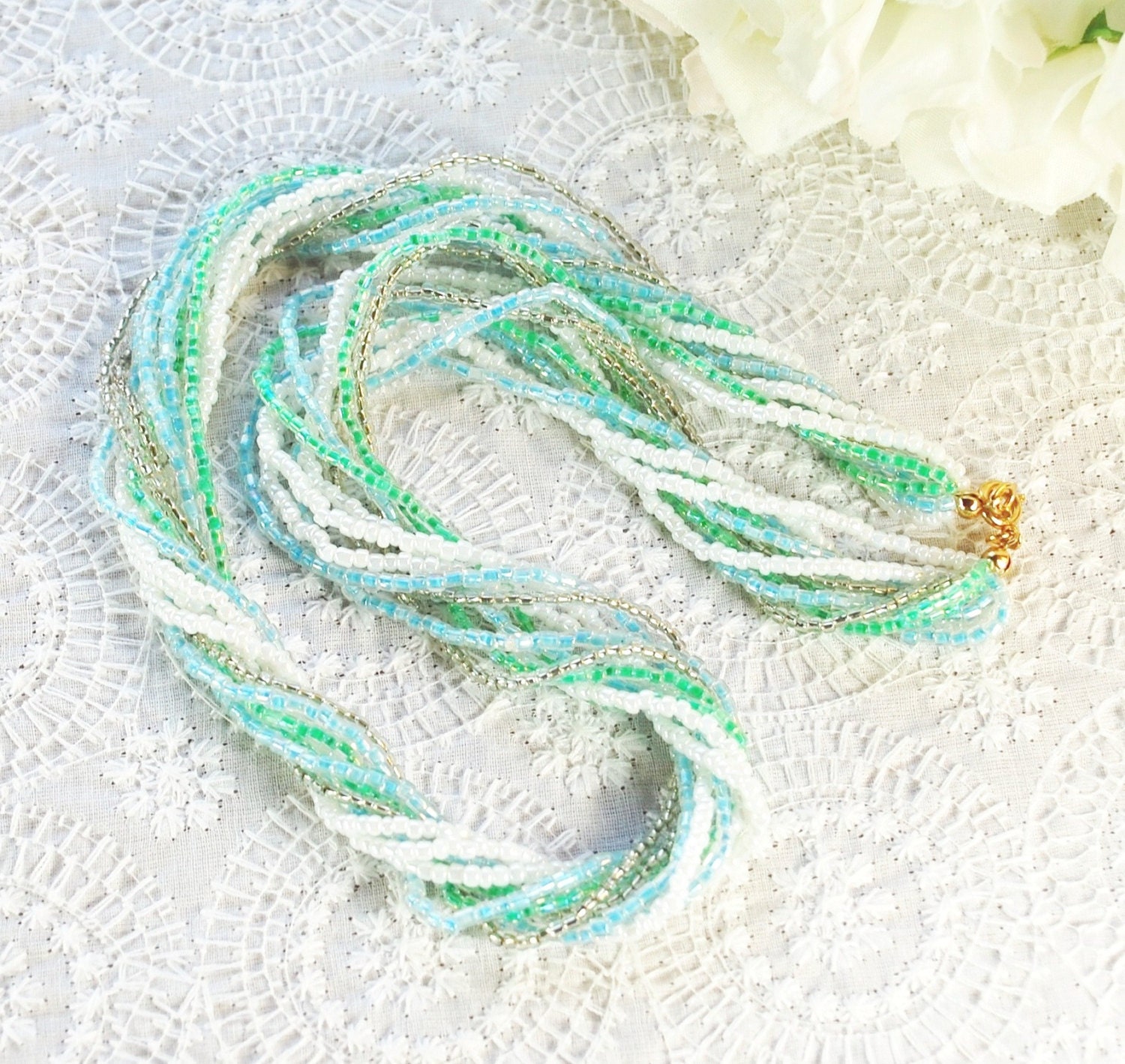 Vintage Torsade Necklace, White Green Blue Silver Glass Seed Beads, Multi Strand, 1970s Spring Wedding Bridal Jewelry