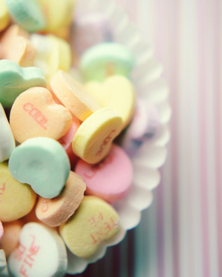 Candy hearts photograph- valentines day,  kitchen decor, colorful, whimsical, love, pink, romantic, playful, fine art photograph, 8x10 print - dullbluelight
