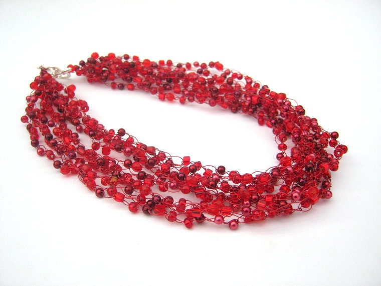 Red Multistrand Necklace, Crochet Wire, Crimson and Scarlet Necklace