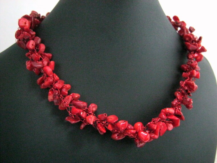 Coral Multi Strand Necklace, Crochet Wire and Natural Bamboo Coral