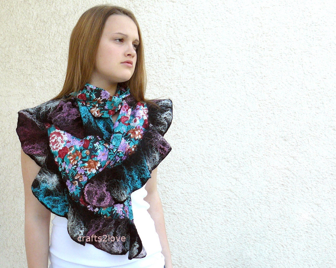 Floral nuno scarf FLOWER BURST, silk and wool insert felted scarf, black multicolor, upcycled
