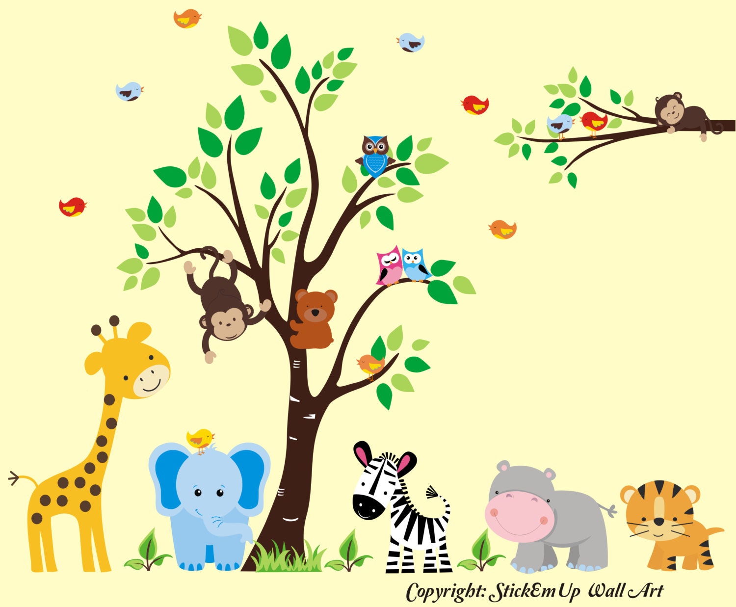 Tree Wall Decal with Giraffe, Elephant, Zebra, Tiger, Hippo, Bear, Monkeys  - Nursery Wall Decal - Children Wall Decal - 478