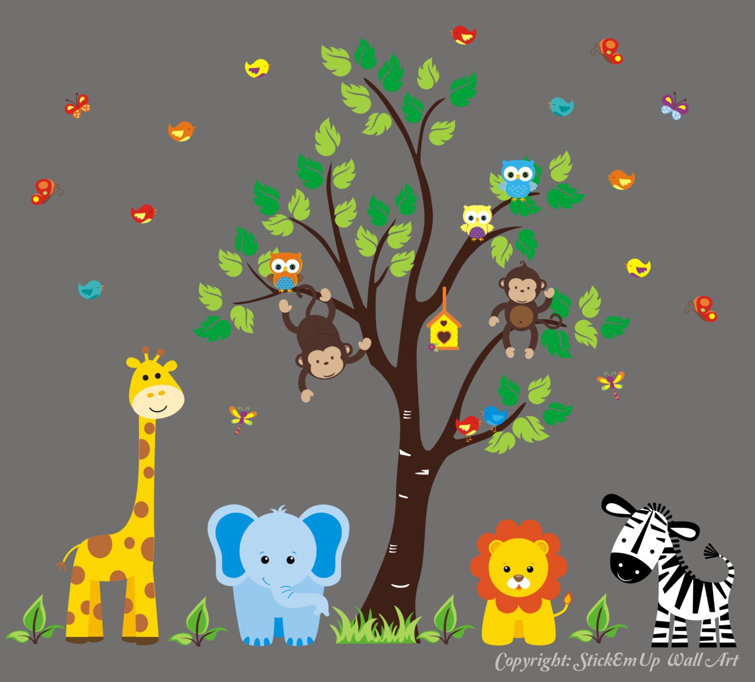 Nursery Wall Decal - Baby Wall Decal with Jungle Animals - Giraffe, Elephant, Zebra, Lion, Monkeys - Children Wall Decals  - 480
