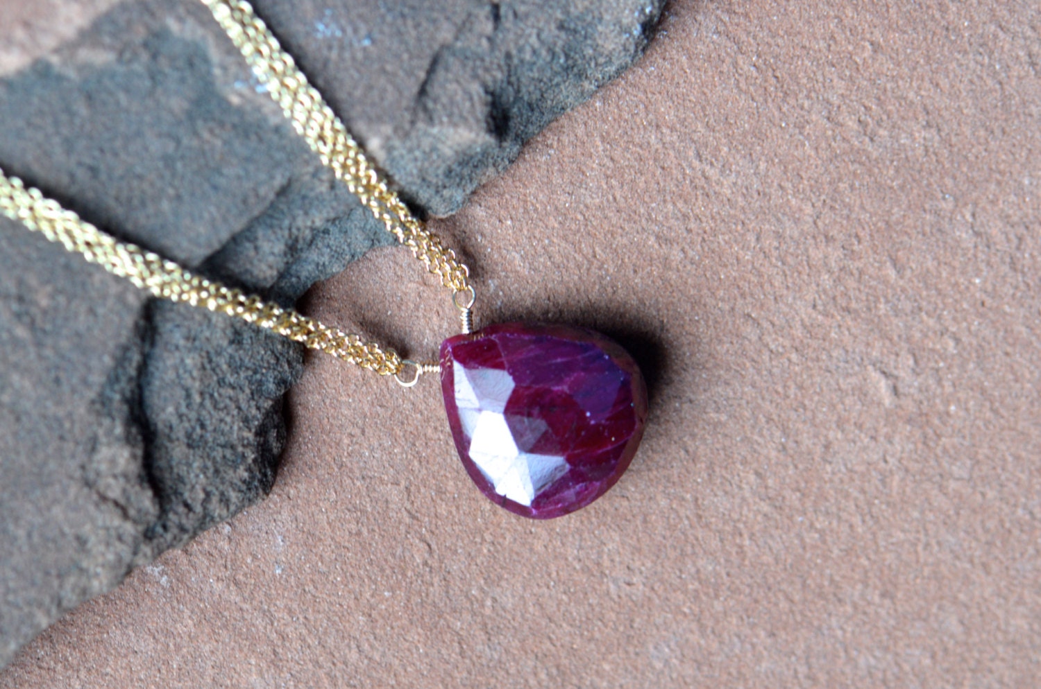 Natural Ruby Necklace, Raspberry Red Teardrop Gemstone, Multi Strand 14k Gold Filled Chain