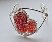 Sterling Silver and Fine Silver  Knitted and Wire Work Genuine Sea Glass Cuff Bracelet with Hearts