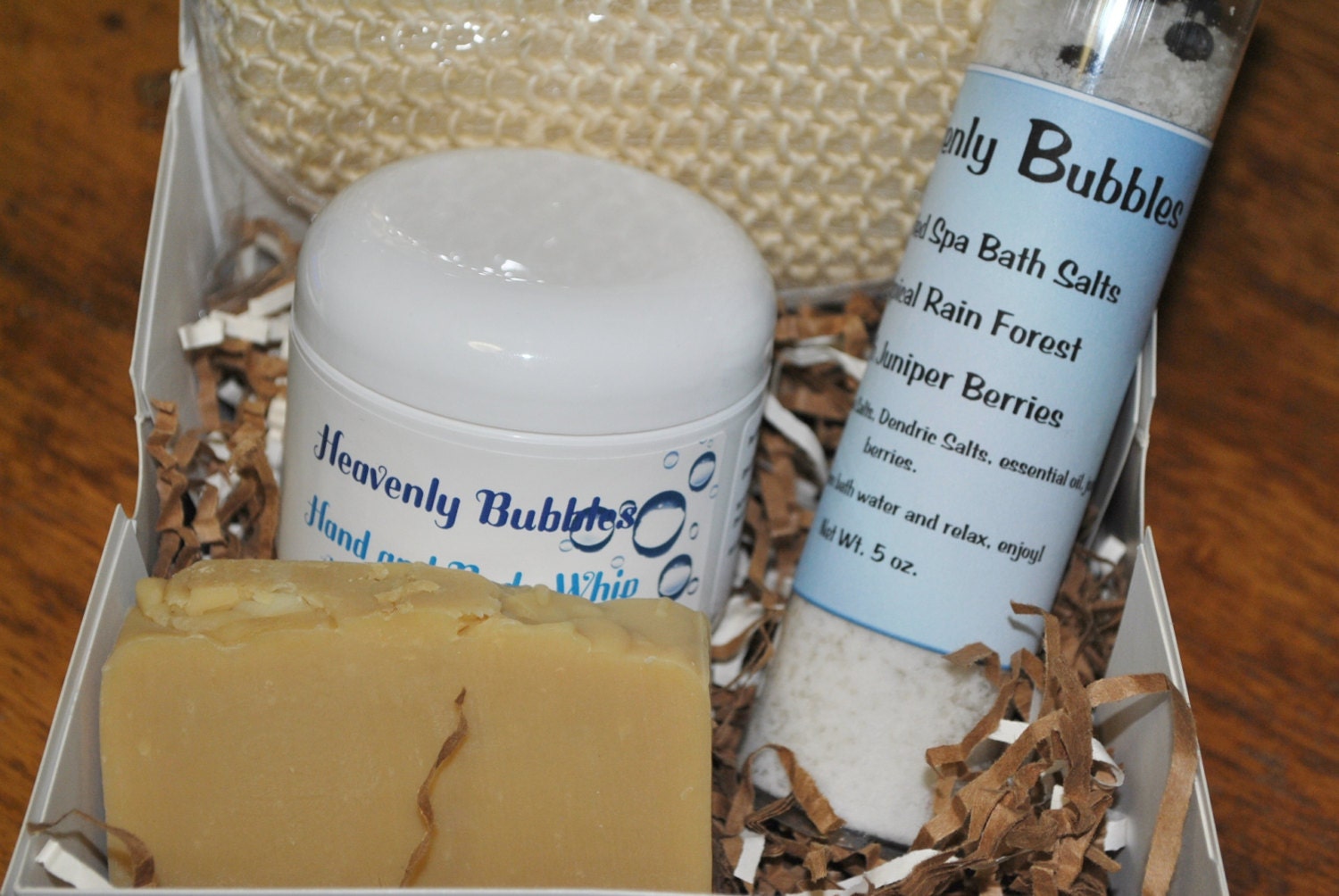 Artisan Spa Gift Set, Spa Salts, Handmade Soap, Hand and Body Whip, Exfoliating Sponge, Fathers Day Gift