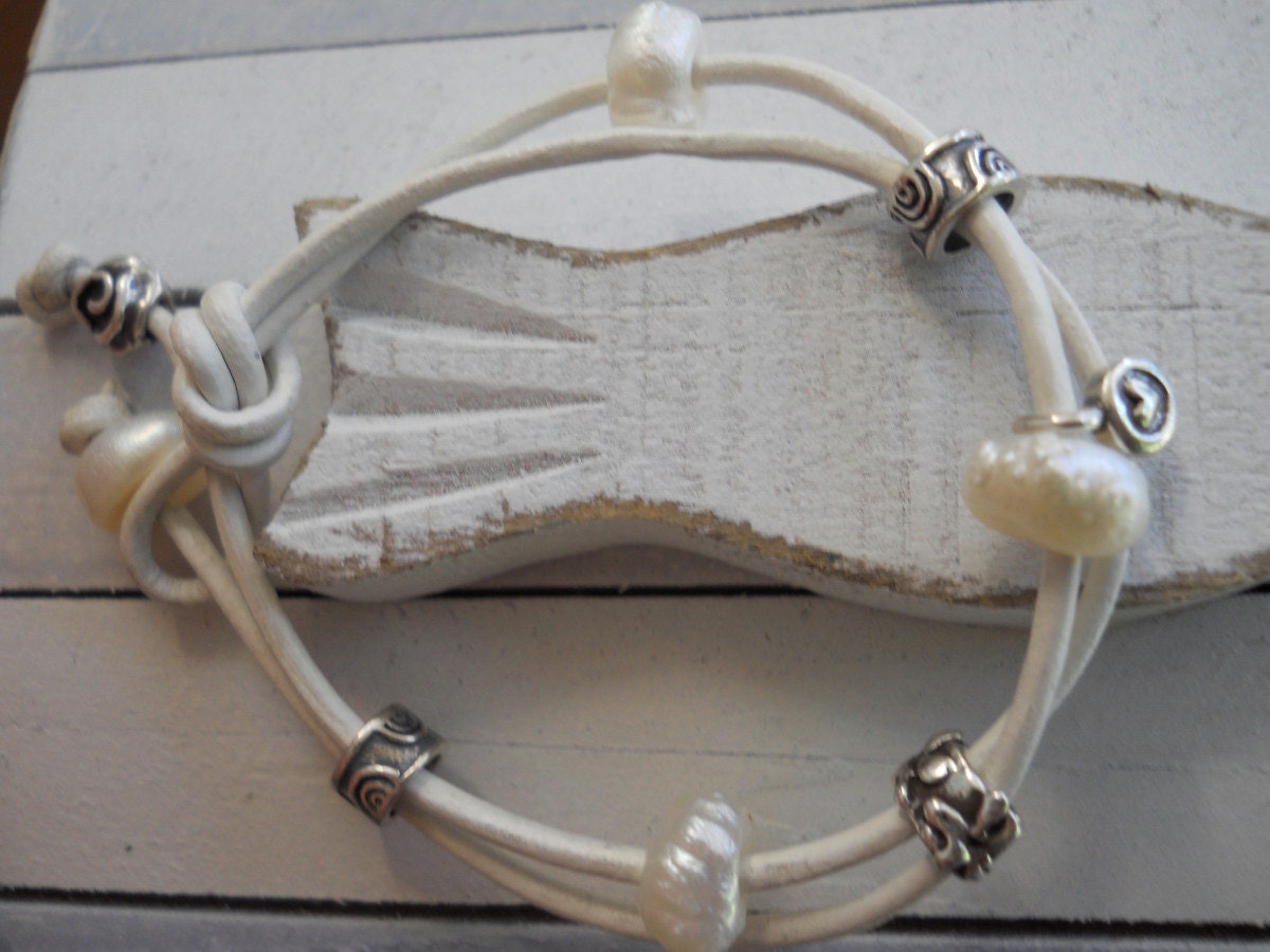 Sterling Silver Beaded Charm White Leather Bracelet and White Freshwater Pearl