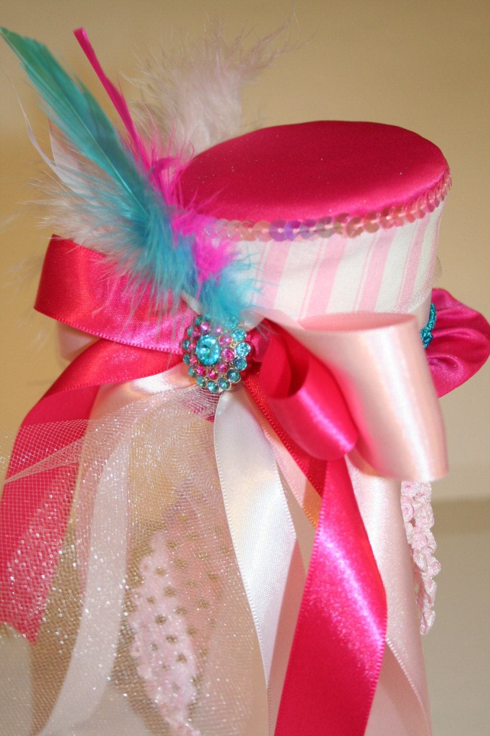 Circus Carnival Mini Top Hat Aqua, Pink and White Stripes, Sequins, Ribbons,Tulle, Feathers - Birthday, Ringmaster