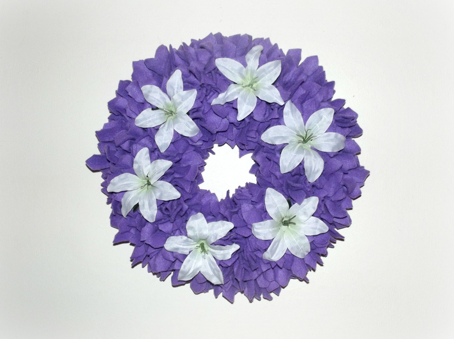 Purple Wreath with Lilies, Spring Wreath,  Easter Wreath, Rag wreath, 15", No. 7