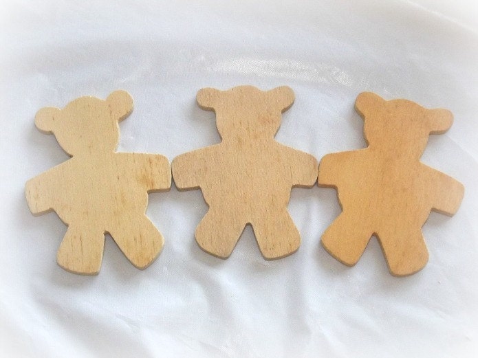 Teddy Bear Natural Craft Wood Cutout Ornaments 3pcs, Ready to Paint, DIY