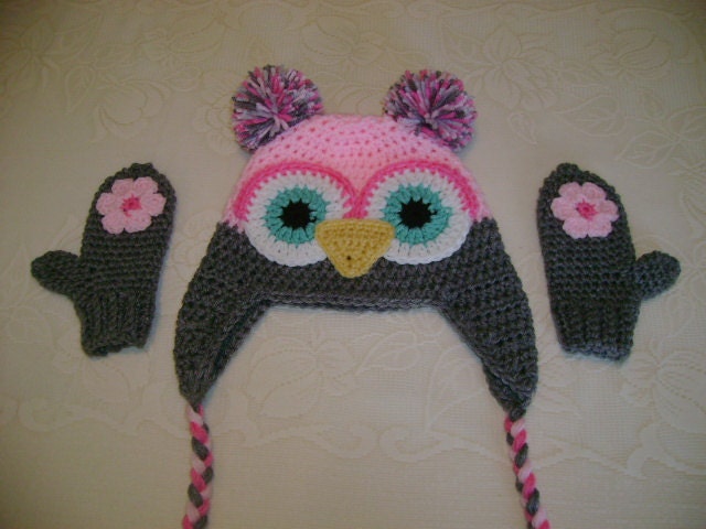 Pink and Grey Crocheted Owl Hat and Mitten Set Available in Any Size and Color Combination
