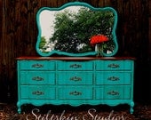 Distressed Rustic Turquoise French Provincial Triple Dresser Mirror