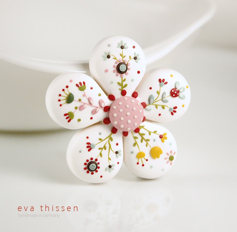 Bloom. Hand made polymer clay brooch in white. Made to order