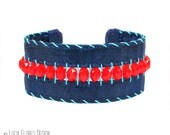 Beaded neon bracelet Bohemain Hippie embroidered cuff summer festival brights navy neon red by LuciaFloresDesign