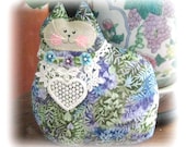 Cat Pillow Doll Cloth Doll 7 inch Cat, Blue Green Lilac Print ,Primitive Soft Sculpture Handmade CharlotteStyle Decorative Folk Art