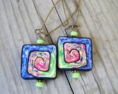 Polymer Clay Earrings Artisan Purple Green Swirls