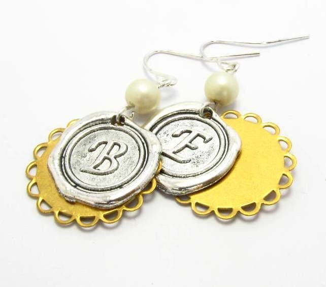 Personalized Wax Seal Earrings, Initial Monogrammed, Anqiue Silver Earrings, Gold Plated Lace.- FREE SHIPPING.