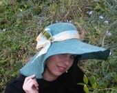 Emerald green Summer Hat for Women Fancy Straw Hat Flat Brimmed  Derby Ascot Hat handmade in Israel