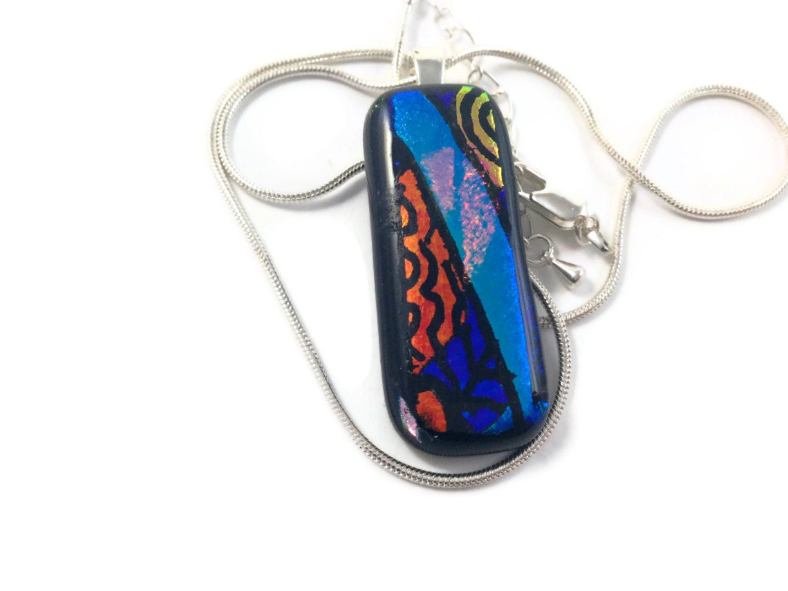 Fused Glass Necklace Etched Art on Dichroic Glass black gold purple 460