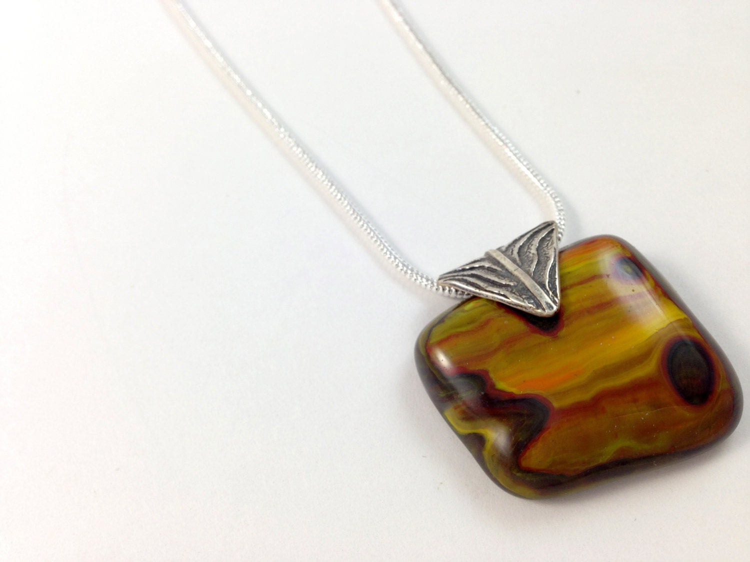 Fused Glass Necklace Petrified Glass  Gold Yellow Brown Cast Sterling Silver Bail