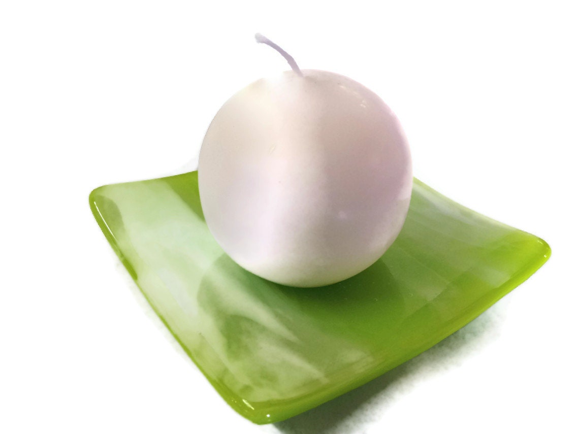 Fused Glass Votive Candle Holder  Square Sushi Style Green and White Swirls 315