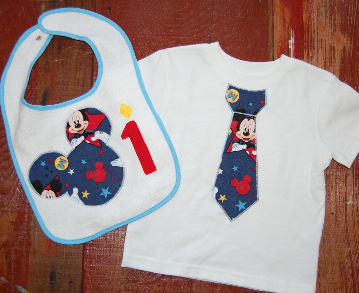 first birthday tie shirt and matching bib MICKEY MOUSE in blue ready to ship size 18 months