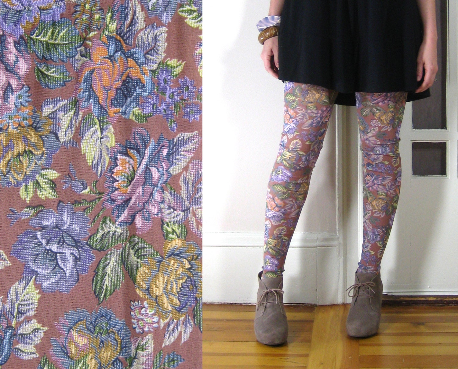 LONG LEGGINGS/ high waisted, tight and fitted, printed leggings, elastic waist, nude, rose leggings, floral print, sheer fabric, mauve, tan